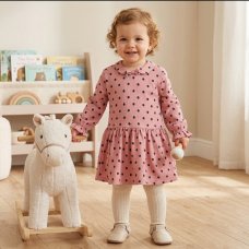 E07969A: Baby Girls Faux Fur Jacket & Polka Dot Dress (9-24 Months)